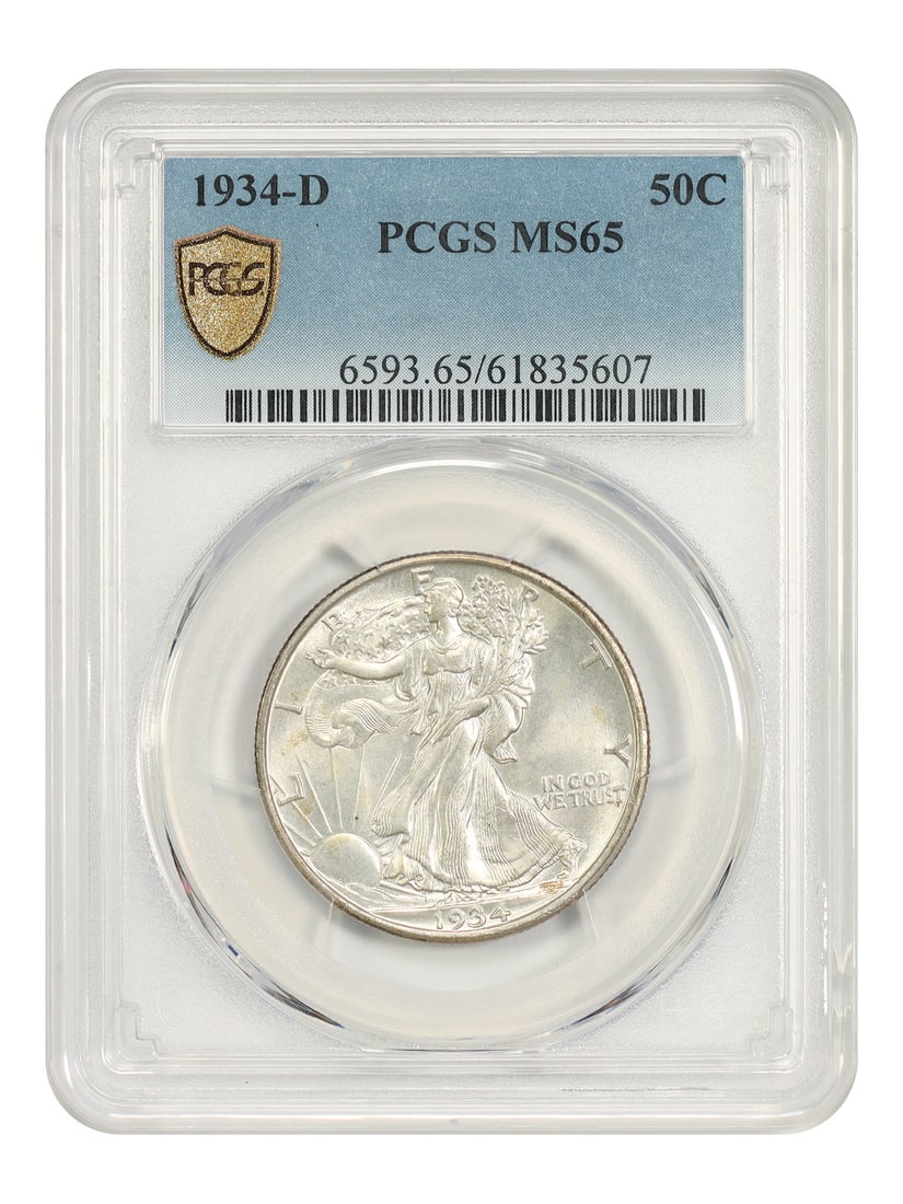 PCGS MS65 1934-D Walking Liberty 50C Half Dollar: PCGS MS65 1934-D Walking Liberty 50C Half Dollar This 1934-D Walking Liberty Half Dollar is an uncirculated 50C coin from the Denver mint, certified by PCGS and graded MS65. It features bold luster ra