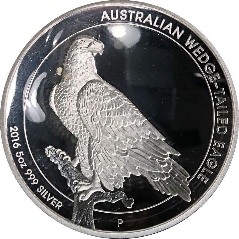2016-P 5oz Silver Wedge-Tailed Eagle $8 NGC PF70UCAM Mercanti Signed: 2016-P 5oz Silver Wedge-Tailed Eagle $8 NGC PF70UCAM Mercanti Signed This 2016-P Australia 5oz Silver $8 Proof coin features the Wedge-Tailed Eagle design and is graded NGC PF70 Ultra Cameo, indicatin