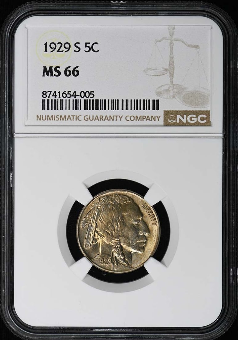 NGC MS66 1929 San Francisco Buffalo Nickel Five Cent Coin: NGC MS66 1929 San Francisco Buffalo Nickel Five Cent Coin This is a 1929-S Buffalo Nickel Type 2 5-cent coin graded MS66 by NGC. The coin is uncirculated and was minted in San Francisco. It is a pre-o