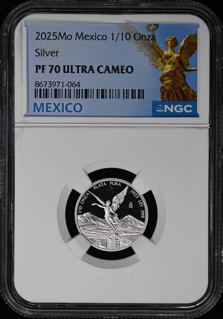2025 Mexico 1/10 Onza Libertad Silver NGC PF70UC: 2025 Mexico 1/10 Onza Libertad Silver NGC PF70UC This 2025 Mo Mexico 1/10 Onza Libertad silver coin has been graded PR70 by NGC, indicating a flawless proof condition. With a low mintage of only 1,500