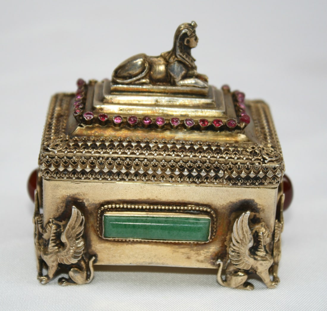French 935 Sterling Silver Box with Ruby Jade Amber 1800-1880: French 935 Sterling Silver Box with Ruby Jade Amber 1800-1880 This exquisite French box is crafted from 935 sterling silver and adorned with beautiful ruby, jade, and amber stones. Dating back to the 