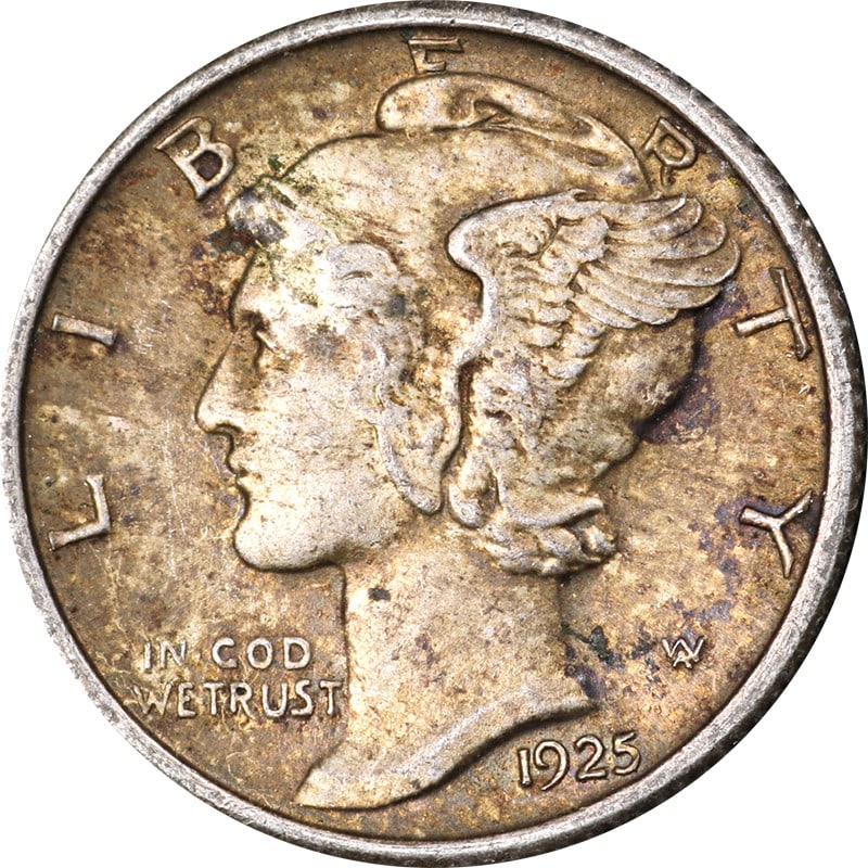 1925 Philadelphia Silver Mercury Dime with Split Bands: 1925 Philadelphia Silver Mercury Dime with Split Bands This is a 1925-P Mercury Dime featuring split bands. Minted in Philadelphia, this circulated coin is composed of 0.9 fineness silver. It originat