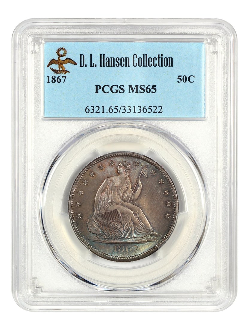 Liberty Seated Half Dollar 1867 PCGS MS65 ex D.L. Hansen: Liberty Seated Half Dollar 1867 PCGS MS65 ex D.L. Hansen An 1867 Liberty Seated Half Dollar graded PCGS MS65. This uncirculated 50-cent coin from the Philadelphia Mint displays frosty luster with rich