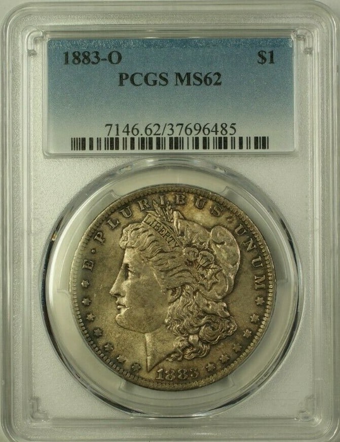 PCGS MS-62 1883-O Morgan Dollar Silver Coin With Toning: PCGS MS-62 1883-O Morgan Dollar Silver Coin With Toning This 1883-O Morgan Silver Dollar coin is certified by PCGS with a grade of MS-62, indicating its uncirculated condition. Minted in New Orleans, 