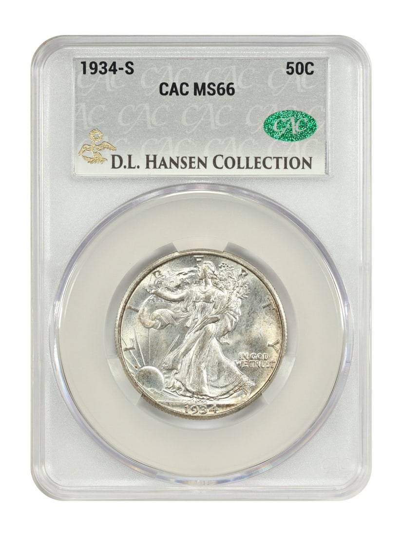CACG MS66 1934-S Walking Liberty Half Dollar ex D.L. Hansen: CACG MS66 1934-S Walking Liberty Half Dollar ex D.L. Hansen A high-end 1934-S Walking Liberty Half Dollar certified by CACG and graded MS66. This uncirculated example shows a bold strike, frosty luste