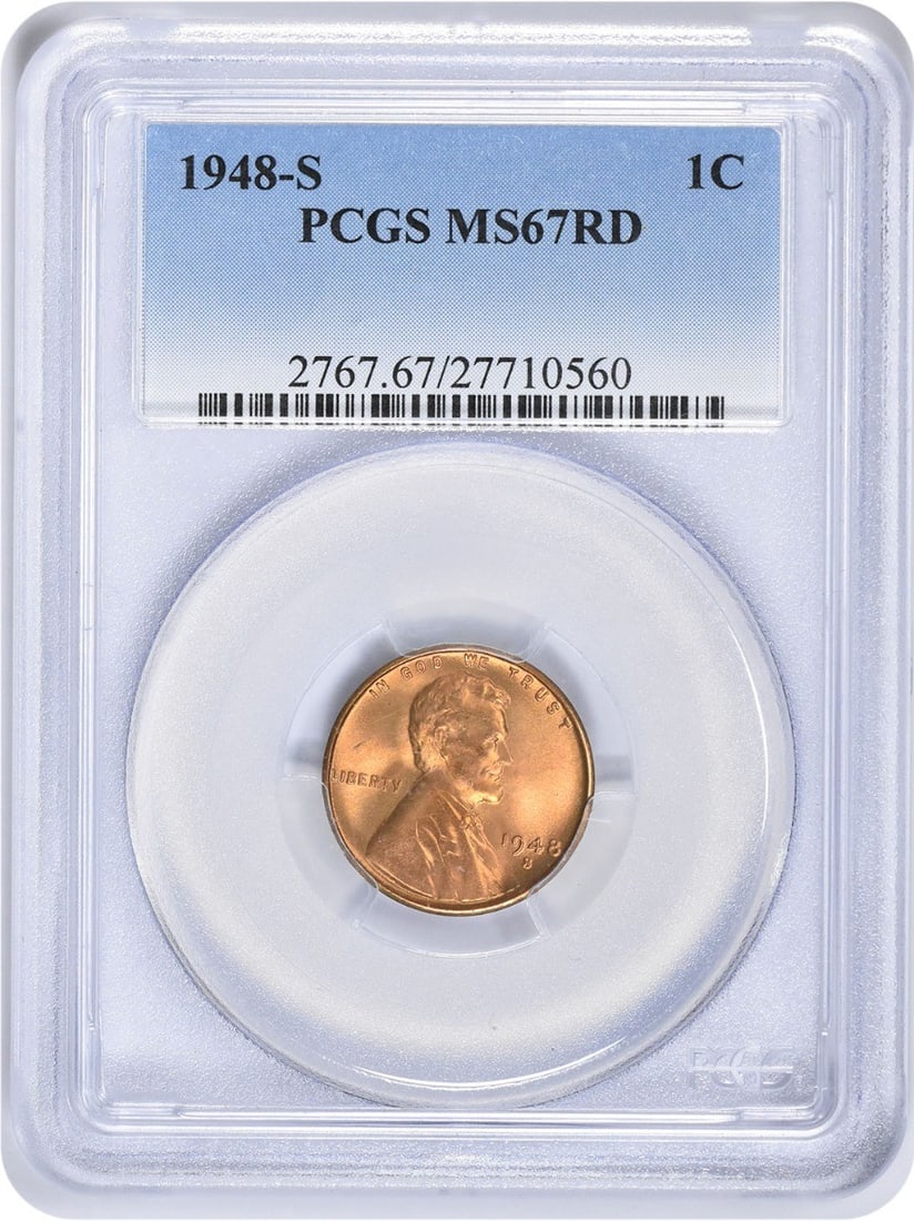 1948-S Lincoln Cent MS67RD Uncirculated PCGS Certified: 1948-S Lincoln Cent MS67RD Uncirculated PCGS Certified This 1948-S Lincoln Cent, certified by PCGS, is an uncirculated coin in exceptional MS67RD condition. Minted in San Francisco, this small cent fe
