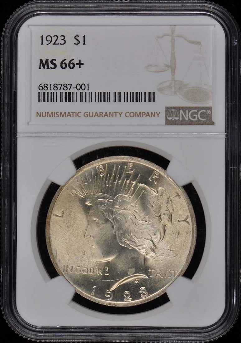 1923 Peace Dollar NGC MS66+ Uncirculated Philadelphia Coin: 1923 Peace Dollar NGC MS66+ Uncirculated Philadelphia Coin This 1923 Peace Dollar is certified by NGC with a high grade of MS66+, indicating it is in uncirculated condition. Struck at the Philadelphia