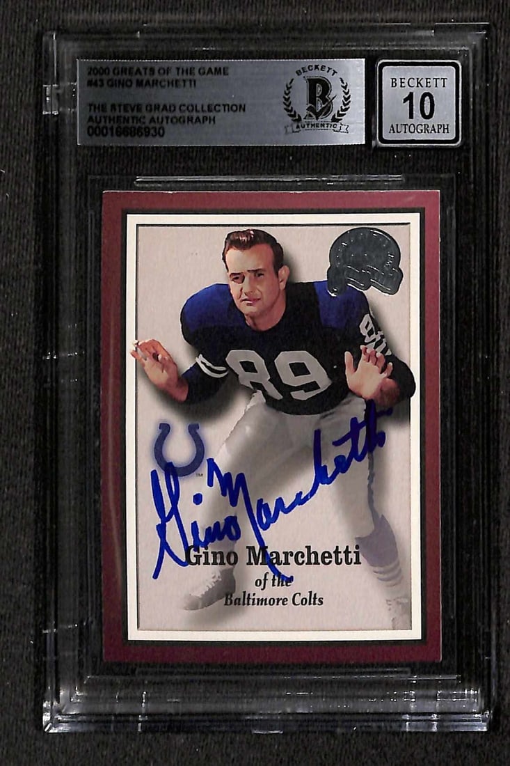 Autographed Gino Marchetti 2000 Greats of the Game Card Beckett 10 Auto: Autographed Gino Marchetti 2000 Greats of the Game Card Beckett 10 Auto This is an original 2000 Greats of the Game #43 sports trading card featuring Gino Marchetti. The card has been hand-signed in b