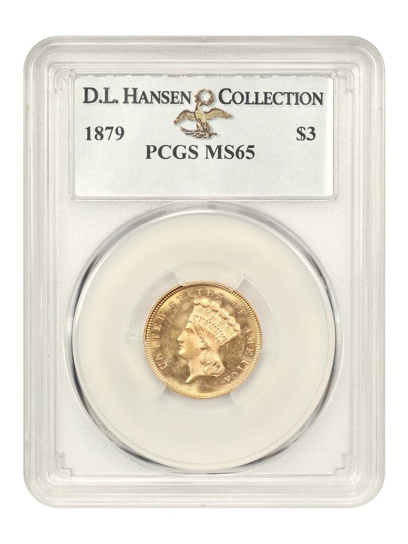 1879 $3 Gold Coin PCGS MS65 D.L. Hansen Rare Gem: 1879 $3 Gold Coin PCGS MS65 D.L. Hansen Rare Gem This 1879 $3 gold coin is certified by PCGS with a grade of MS65, showcasing its uncirculated condition. Struck at the Philadelphia mint, this coin bel