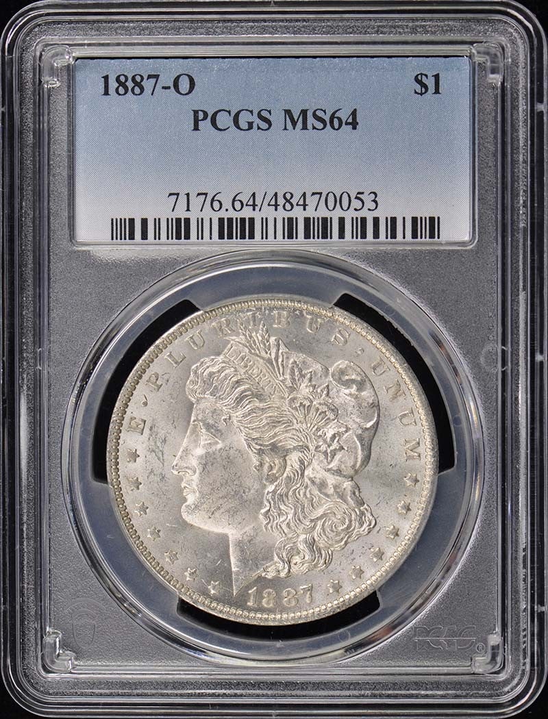 1887-O Morgan Dollar PCGS MS64 Uncirculated New Orleans: 1887-O Morgan Dollar PCGS MS64 Uncirculated New Orleans This 1887-O Morgan Dollar is a remarkable addition for any coin collector. Graded MS64 by PCGS, this uncirculated coin showcases the high qualit