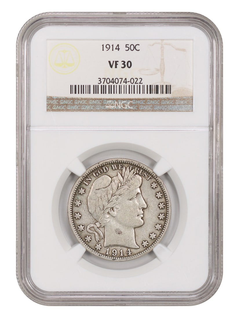 NGC VF30 1914 Barber Half Dollar 50C Philadelphia Issue: NGC VF30 1914 Barber Half Dollar 50C Philadelphia Issue 1914 Barber Half Dollar, denomination 50C, struck in Philadelphia and certified by NGC with grade VF30. This circulated coin is pre-owned and no