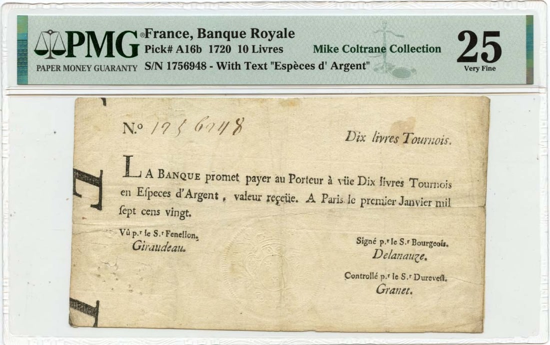 1720 Louisiana Colonial 10 Livres Banque Royale PMG VF25 (1 of 2)