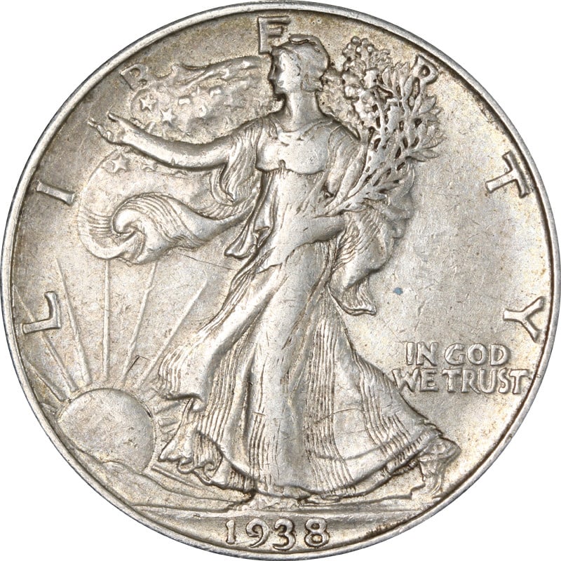 1938-D Silver Walking Liberty Half Dollar: 1938-D Silver Walking Liberty Half Dollar This is a 1938-D Walking Liberty Half Dollar from the United States. Composed of silver with a fineness of 0.9, this coin was minted in Denver. It is circulat