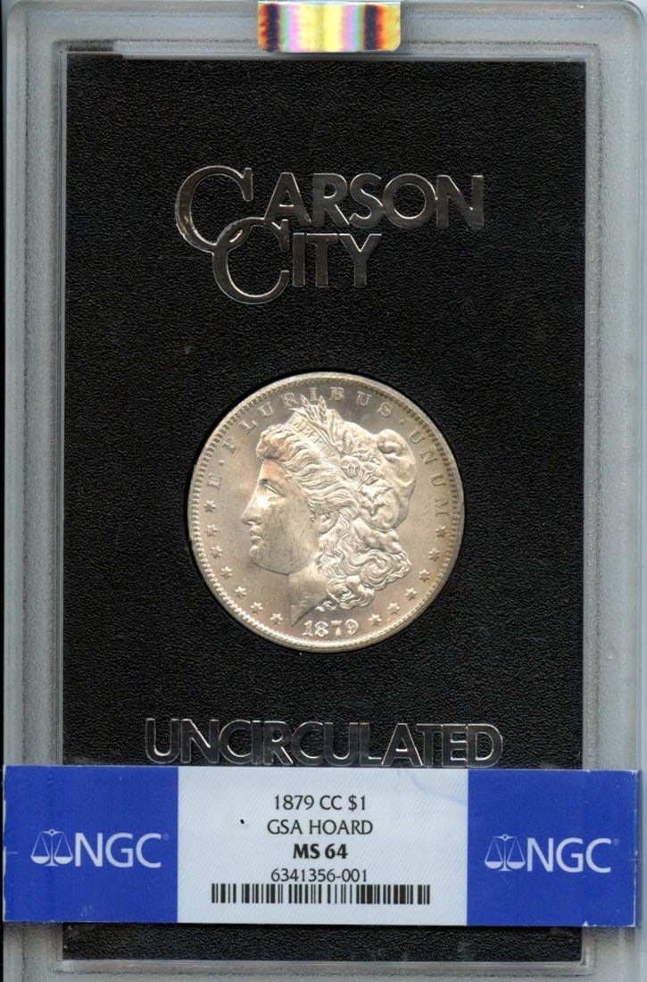 NGC MS64 1879 Carson City Morgan Dollar from GSA Hoard: NGC MS64 1879 Carson City Morgan Dollar from GSA Hoard This 1879-CC Morgan Silver Dollar is part of the GSA Hoard and has been certified by NGC with a grade of MS64. Struck at the Carson City Mint, th