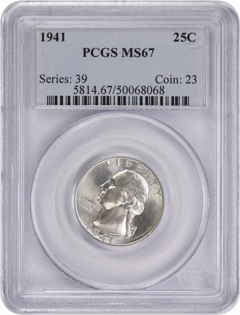PCGS MS67 1941 Silver Washington Quarter: PCGS MS67 1941 Silver Washington Quarter This 1941 Washington Quarter is composed of silver and has been graded MS67 by PCGS, indicating a high-quality, uncirculated condition. The coin features no mi