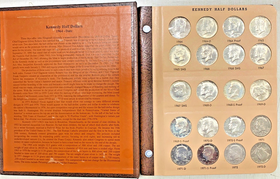 Kennedy Half Dollar Set 1964-2012 Uncirculated Silver Clad Proofs in Dansco Album: Kennedy Half Dollar Set 1964-2012 Uncirculated Silver Clad Proofs in Dansco Album This set features Kennedy Half Dollars from 1964 to 2012, including both silver and clad compositions, as well as proo