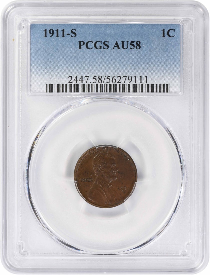 PCGS AU58 1911 S Lincoln Wheat Small Cent: PCGS AU58 1911 S Lincoln Wheat Small Cent This 1911-S Lincoln Cent is a PCGS-certified coin graded AU58. It is a circulated pre-owned copper Small Cent from the Lincoln Wheat series, minted in the Uni