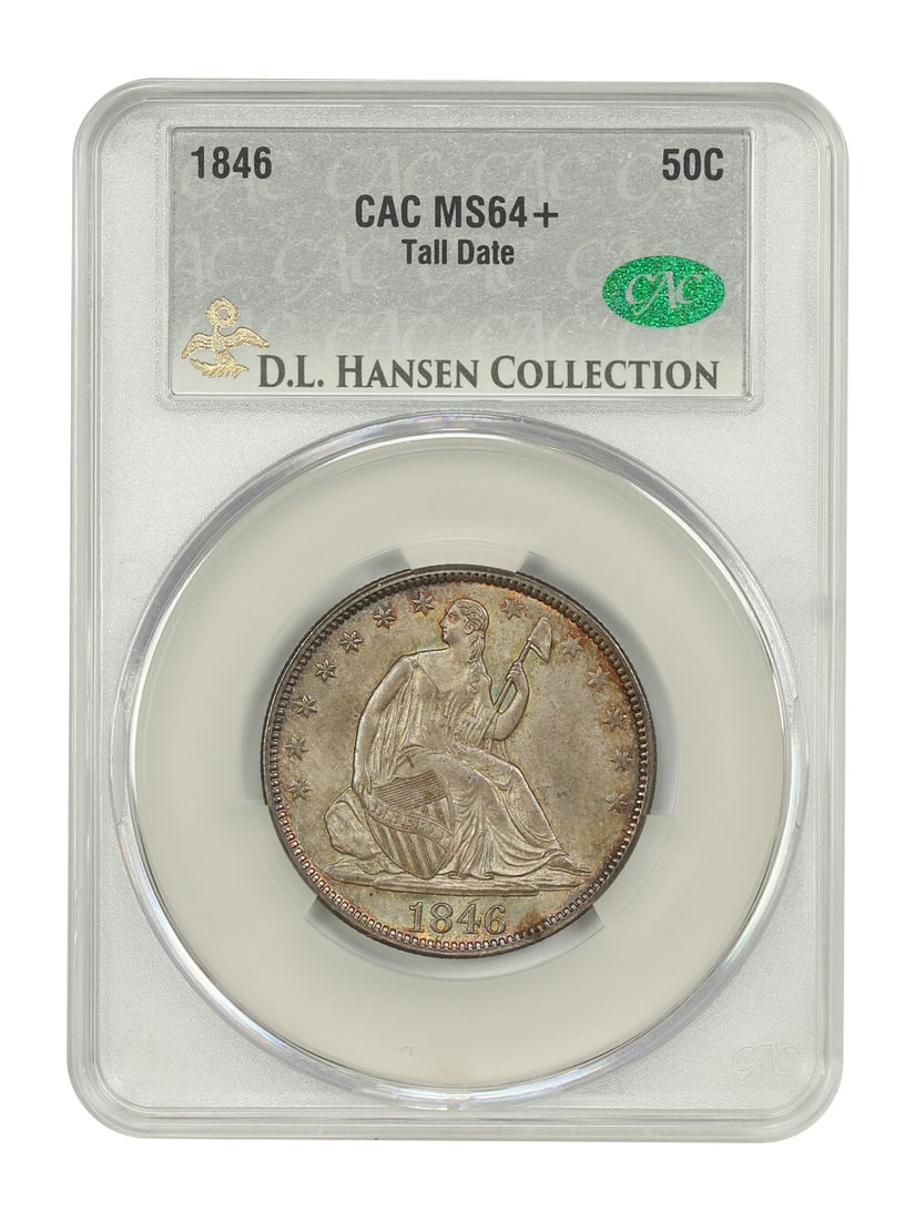 1846 Liberty Seated Half Dollar 50C CACG MS64+ Tall Date: 1846 Liberty Seated Half Dollar 50C CACG MS64+ Tall Date 1846 Liberty Seated Half Dollar, 50C, graded MS64+ by CACG, with certification number 214785094. This uncirculated Philadelphia issue is the Ta