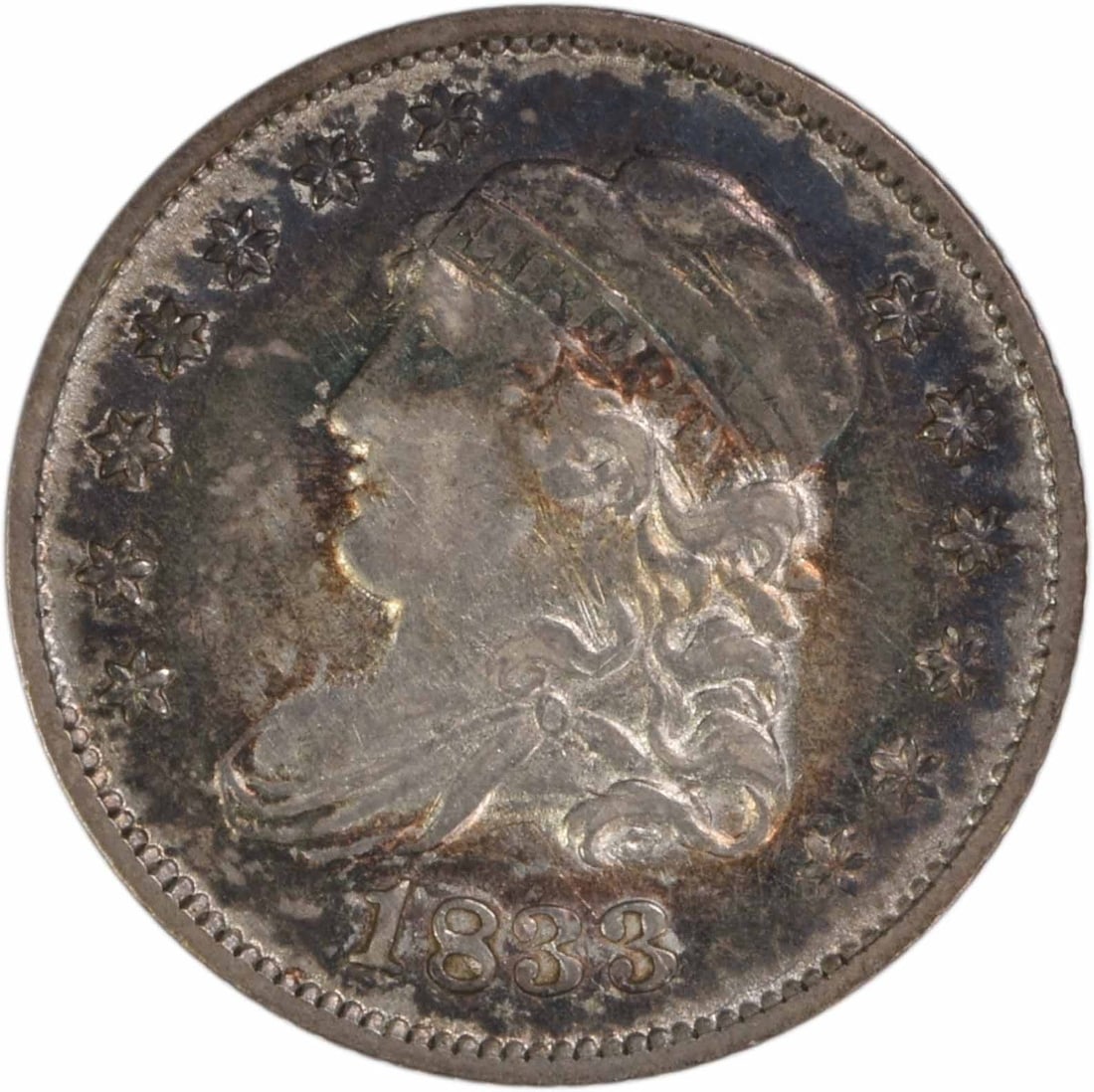 Capped Bust 1833 Philadelphia Half Dime AU Grade Uncertified Silver Coin: Capped Bust 1833 Philadelphia Half Dime AU Grade Uncertified Silver Coin This is an 1833 Capped Bust Half Dime from the United States, designed by William Kneass. The coin is composed of 89.2% silver 