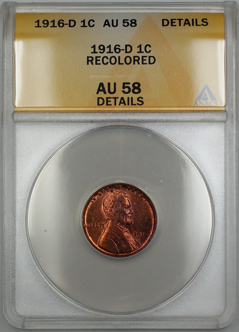ANACS AU-58 Details 1916-D Lincoln Wheat Cent Copper Recolored Red-Brown: ANACS AU-58 Details 1916-D Lincoln Wheat Cent Copper Recolored Red-Brown This 1916-D Lincoln Wheat Cent is a circulated 1 cent coin graded AU-58 Details by ANACS. The coin has been recolored to exhibi