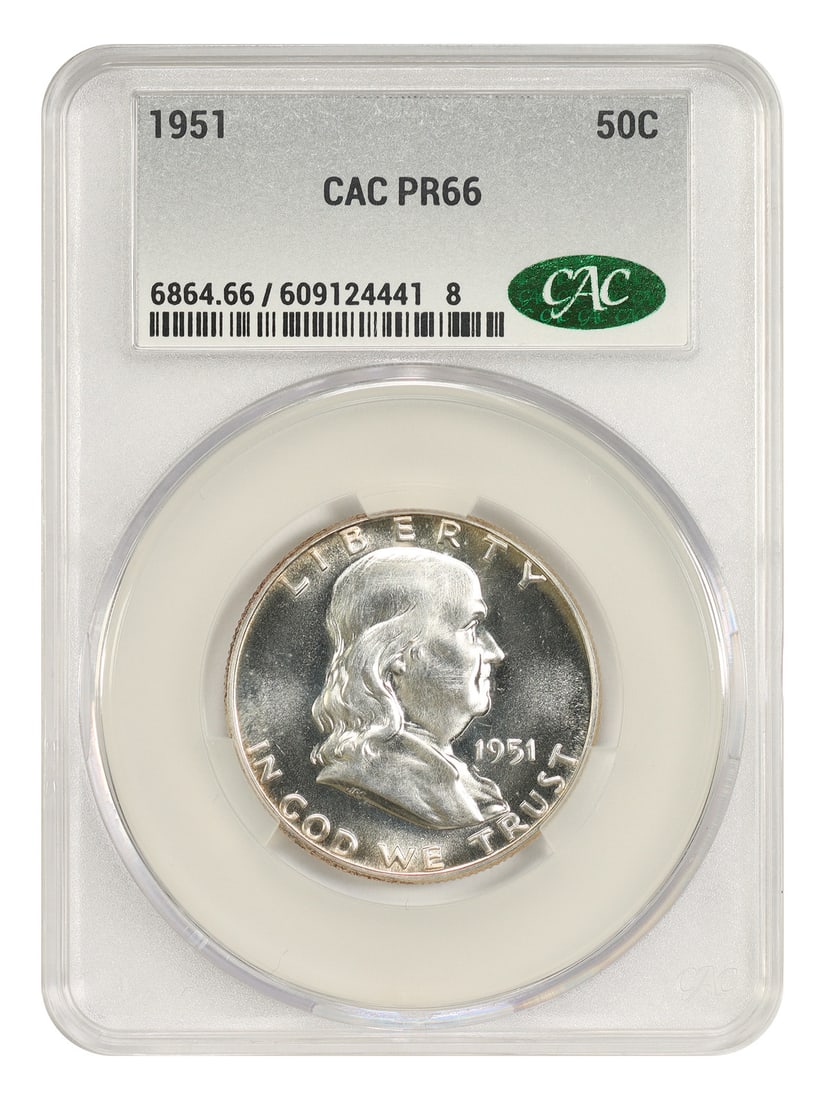 1951 Franklin Half Dollar 50C PR66 CACG Certified: 1951 Franklin Half Dollar 50C PR66 CACG Certified 1951 Franklin Half Dollar 50C graded PR66 by CACG. This uncirculated Philadelphia issue is a popular and scarce coin with a mintage of 57,500 coins. C