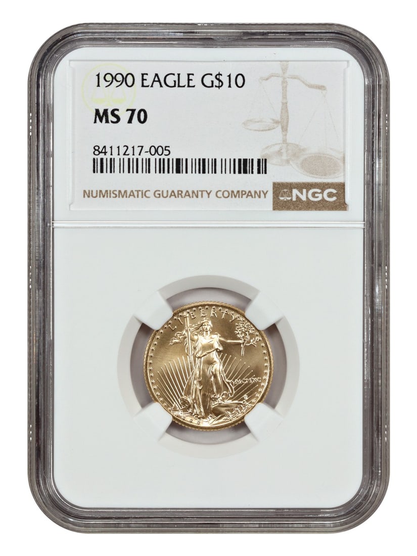 NGC MS70 1990 $10 Gold Eagle Bullion Coin: NGC MS70 1990 $10 Gold Eagle Bullion Coin 1990 $10 Gold Eagle certified by NGC and graded MS70. This uncirculated bullion coin is from the Gold Eagles series and was minted in Philadelphia. Condition 