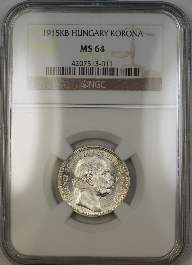 1915 Hungary Silver Korona NGC Certified MS 64 Coin: 1915 Hungary Silver Korona NGC Certified MS 64 Coin This 1915-KB Hungary Silver Korona coin is certified by NGC with a grade of MS-64. It is composed of silver and remains in uncirculated, pre-owned c