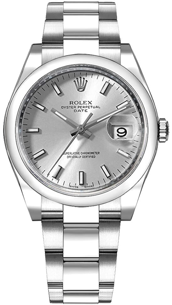 Rolex 115200 Oyster Perpetual Date Silver Dial Watch with Original Card 2012: Rolex 115200 Oyster Perpetual Date Silver Dial Watch with Original Card 2012 This Rolex Oyster Perpetual Date features a silver stick dial and a smooth bezel, complemented by an Oyster bracelet. The w
