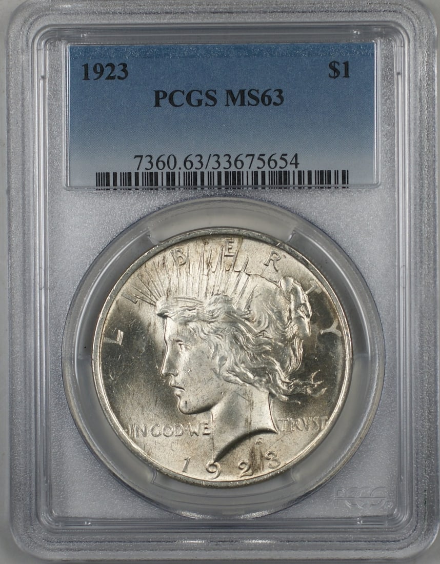 PCGS MS63 1923 Peace Dollar Silver $1: PCGS MS63 1923 Peace Dollar Silver $1 This is a 1923 Silver Peace Dollar $1 coin from the United States, graded MS-63 by PCGS. The coin is uncirculated and composed of silver with a fineness of 0.9. I
