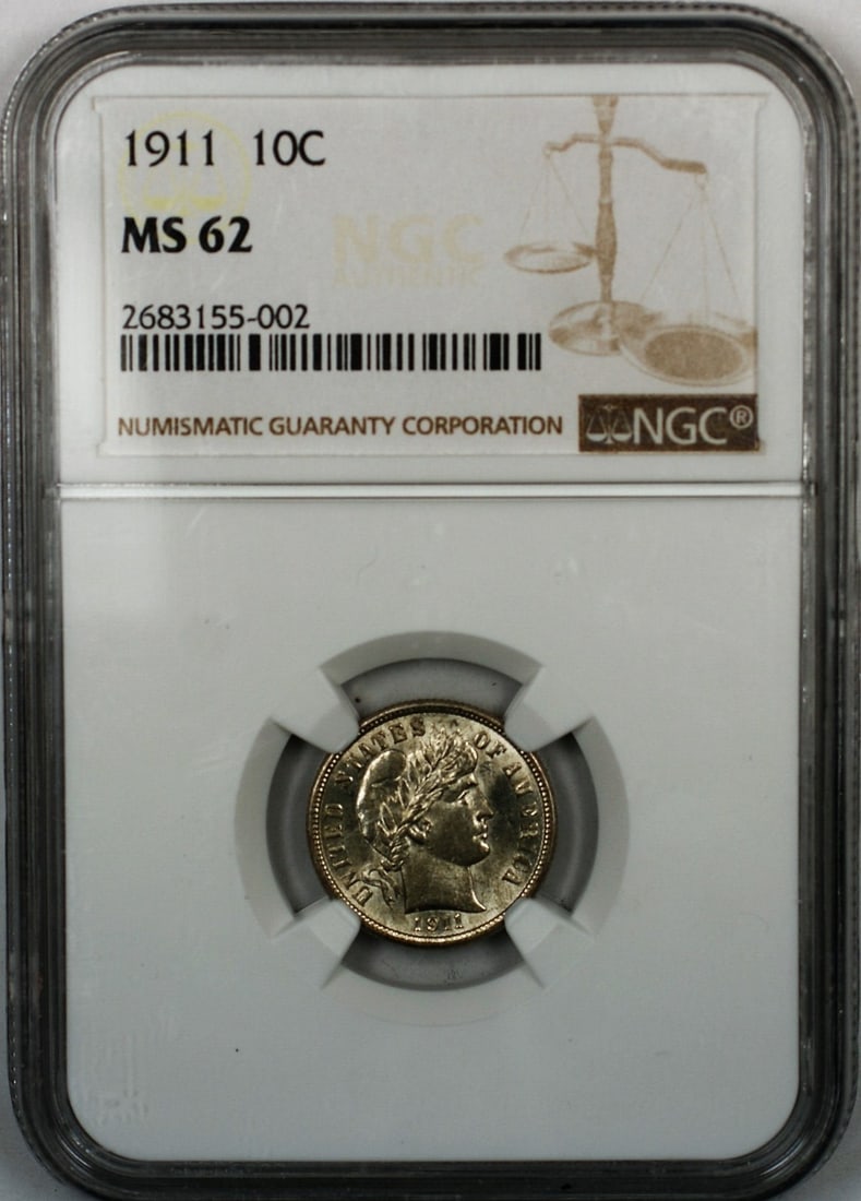 NGC MS-62 1911 Barber Dime Silver 10C Philadelphia: NGC MS-62 1911 Barber Dime Silver 10C Philadelphia This 1911 Barber Dime is a silver coin from the United States, graded MS-62 by NGC. It features light toning and is uncirculated. The coin was minted