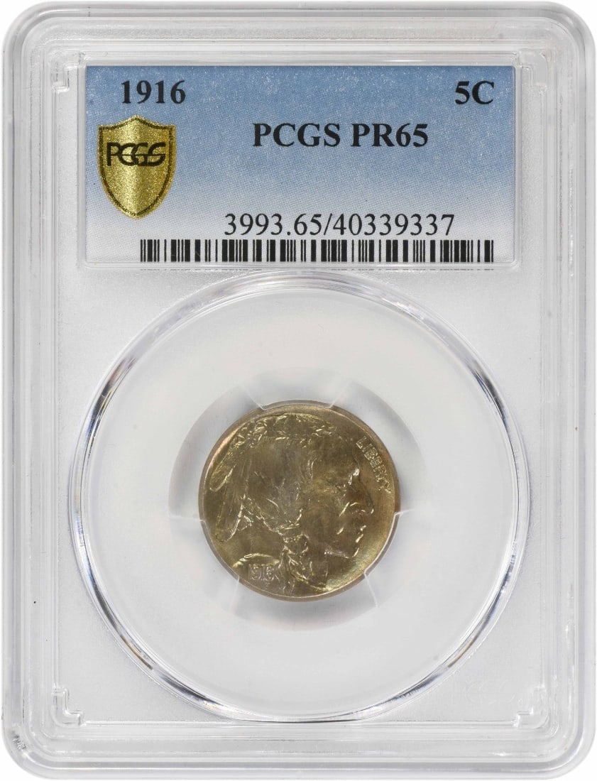1916 Proof Buffalo Nickel PR65 Certified by PCGS: 1916 Proof Buffalo Nickel PR65 Certified by PCGS This 1916 Buffalo Nickel is a proof strike graded PR65 by PCGS. Minted in Philadelphia, it features the iconic design by James Earle Fraser and is comp