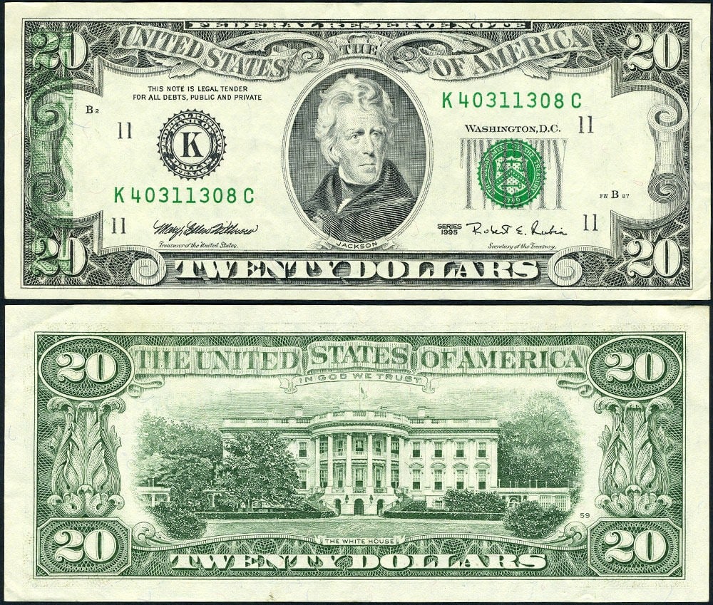 1995 $20 Federal Reserve Note Partial Offset Error FR 2082 K XF+: 1995 $20 Federal Reserve Note Partial Offset Error FR 2082 K XF+ This is a 1995 $20 Federal Reserve Note featuring a partial offset print error, where the back design is partially visible on the face 