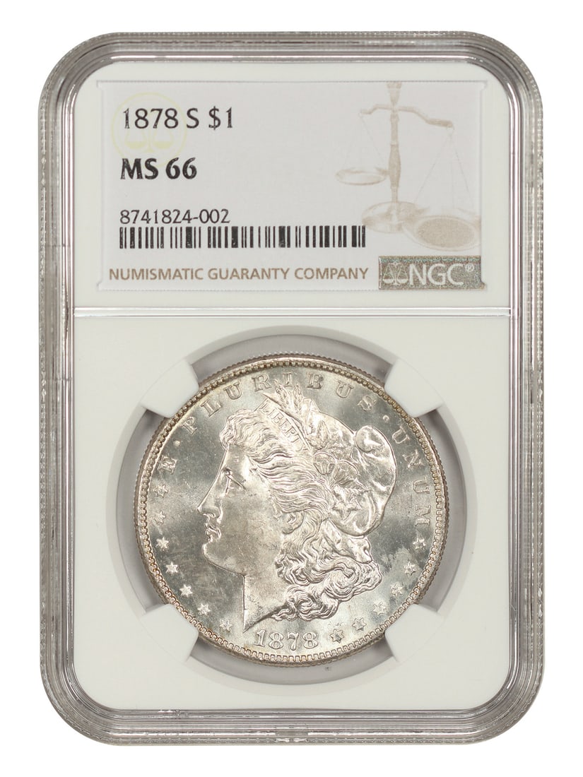 NGC MS66 1878-S Morgan Silver Dollar First San Francisco Mint Year: NGC MS66 1878-S Morgan Silver Dollar First San Francisco Mint Year This 1878-S Morgan Dollar is a first-year San Francisco Mint issue graded MS66 by NGC. It is an uncirculated $1 coin with certificati