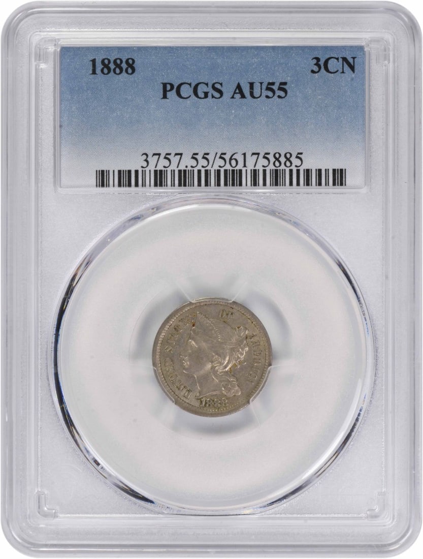 1888 Three Cent Nickel Coin AU55 Graded by PCGS: 1888 Three Cent Nickel Coin AU55 Graded by PCGS This 1888 Three Cent Nickel coin is graded AU55 by PCGS and was minted in Philadelphia. Designed by James Barton Longacre, it features a composition of 