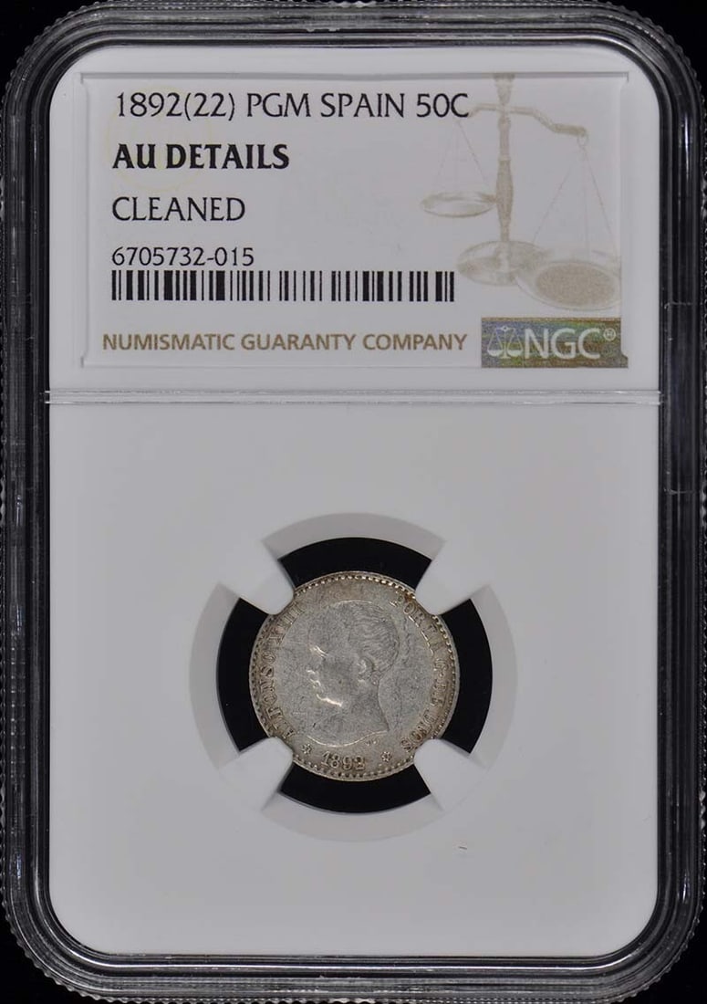 1892 Spain 50C Coin NGC AU Details Certified Uncirculated: 1892 Spain 50C Coin NGC AU Details Certified Uncirculated This 1892 50 Centavos coin from Spain is certified by NGC and graded as AU Details. It is an uncirculated example, showcasing its exceptional 