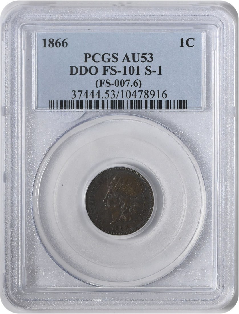 PCGS AU53 1866 Indian Head Cent DDO FS-101 S-1: PCGS AU53 1866 Indian Head Cent DDO FS-101 S-1 This is an 1866 Indian Head cent featuring the DDO FS-101 S-1 variety. Graded AU53 by PCGS, this pre-owned coin is composed of copper and was produced in