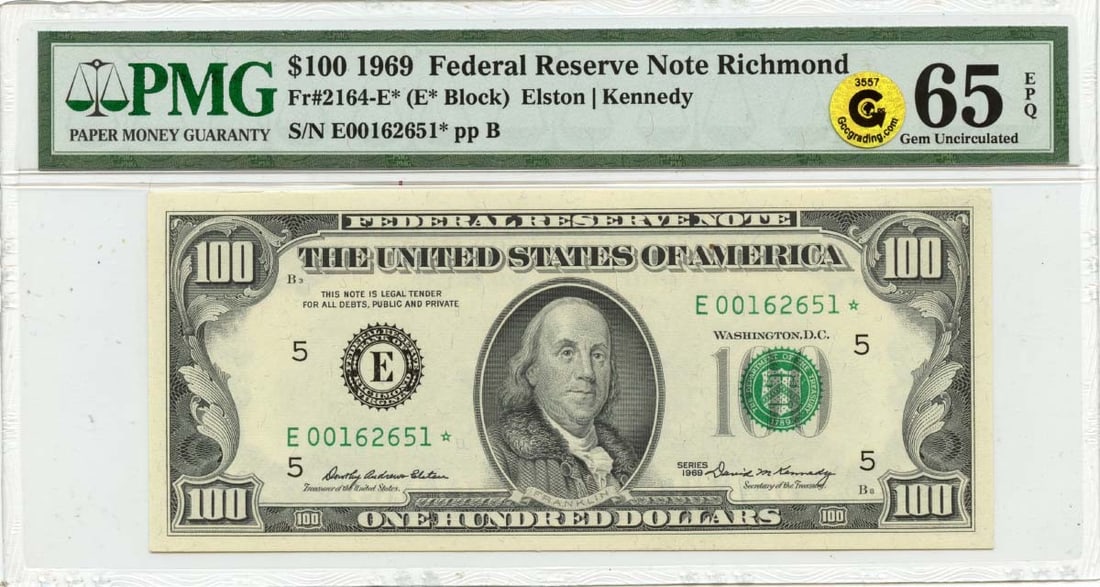 1969 $100 Federal Reserve Note Fr# 2164-E* PMG Gem65 EPQ: 1969 $100 Federal Reserve Note Fr# 2164-E* PMG Gem65 EPQ This 1969 $100 Federal Reserve Note from the Richmond district, designated as Fr# 2164-E*, is a remarkable collectible. Certified by PMG with a