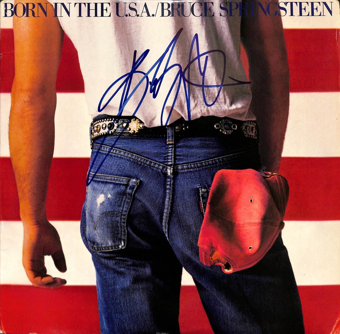 Beckett LOA Bruce Springsteen Born in the U.S.A. Signed Album Auto 10: Beckett LOA Bruce Springsteen Born in the U.S.A. Signed Album Auto 10 Hand-signed copy of Born in the U.S.A. by Bruce Springsteen, signed in blue ink on the album cover. The piece includes a full Beck