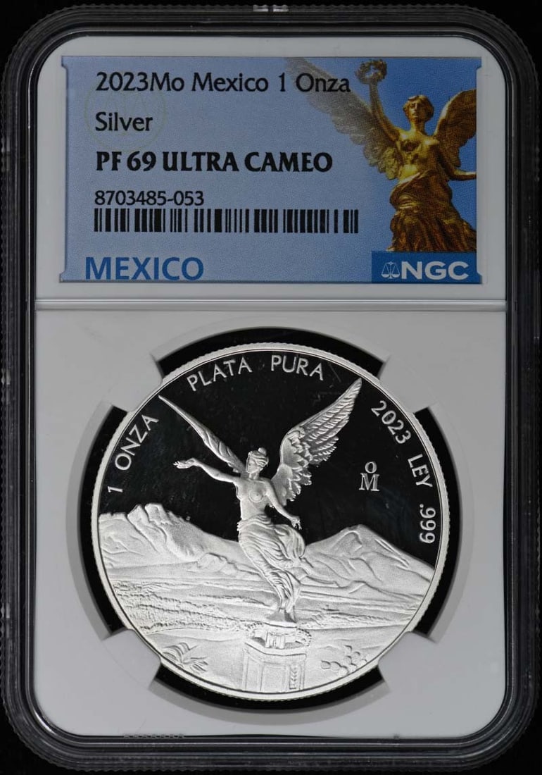 2023 Mexico Silver Proof 5 Coin NGC PR69DCAM Onza Set: 2023 Mexico Silver Proof 5 Coin NGC PR69DCAM Onza Set This 2023 Mexico Silver 5-piece set includes denominations of 1 Onza, 1/2 Onza, 1/4 Onza, 1/10 Onza, and 1/20 Onza. Each coin is certified by NGC 