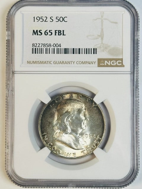 1952 San Francisco Franklin Half Dollar NGC MS-65 FBL Silver: 1952 San Francisco Franklin Half Dollar NGC MS-65 FBL Silver This 1952 Franklin Half Dollar is graded MS-65 FBL by NGC and features fresh luster. The coin is composed of silver, is uncirculated, and w