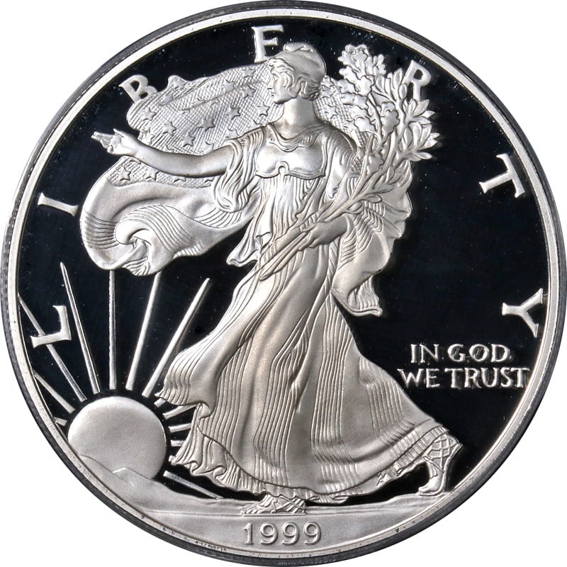 PCGS PR70 DCAM 1999-P Silver American Eagle Dollar: PCGS PR70 DCAM 1999-P Silver American Eagle Dollar This 1999-P Silver American Eagle $1 coin is certified by PCGS with a PR70 DCAM grade, indicating a deep cameo proof strike. It is composed of .999 f