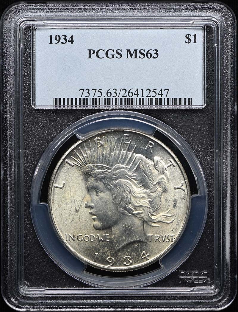 PCGS MS63 1934 United States Peace Dollar $1 Coin: PCGS MS63 1934 United States Peace Dollar $1 Coin 1934 $1 Peace Dollar certified by PCGS and graded MS63. This uncirculated coin was struck in 1934 and has a denomination of $1. The coin is from the U
