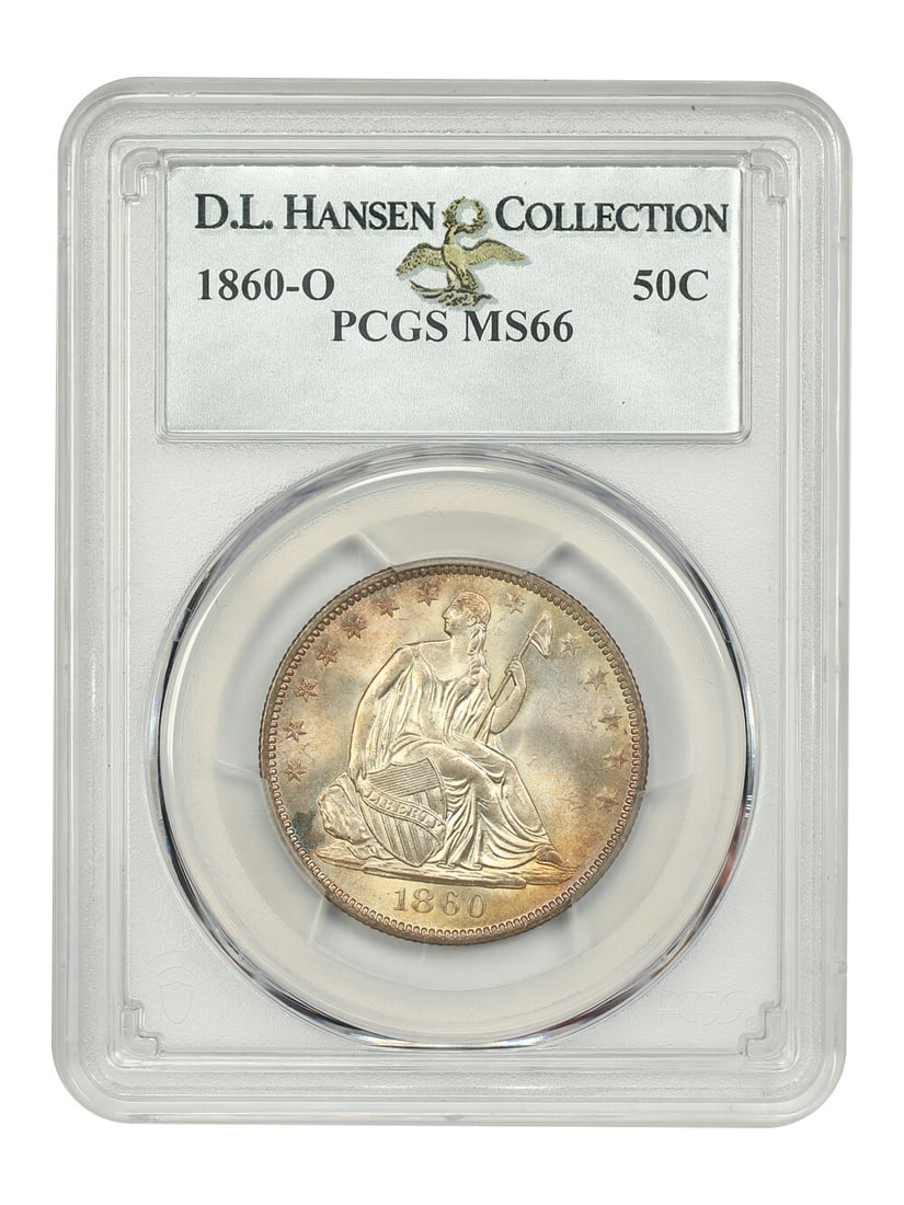 PCGS MS66 1860-O Liberty Seated Half Dollar 50C: PCGS MS66 1860-O Liberty Seated Half Dollar 50C 1860-O 50C PCGS MS66 Liberty Seated Half Dollar in uncirculated condition. PCGS reports just two finer than this exceptional gem. It features satiny, un
