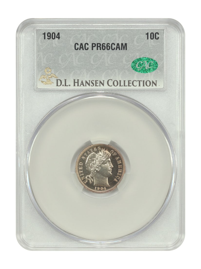 1904 Barber Dime 10C PR66CAM CACG ex D.L. Hansen: 1904 Barber Dime 10C PR66CAM CACG ex D.L. Hansen 1904 Barber Dime, certified by CACG and graded PR66CAM. This uncirculated Proof example from Philadelphia is described as a starkly original Cameo gem 