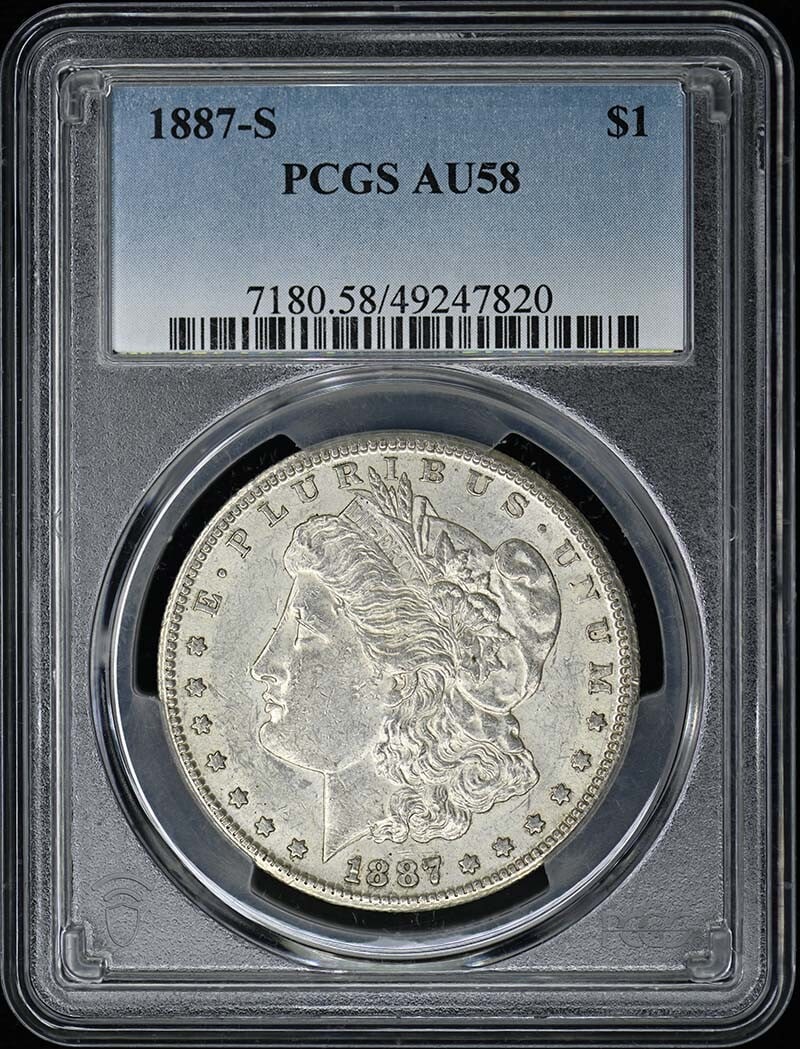 1887-S Morgan Dollar PCGS AU58 Certified San Francisco Coin: 1887-S Morgan Dollar PCGS AU58 Certified San Francisco Coin This 1887-S Morgan Dollar is graded AU58 by PCGS, confirming its excellent condition with only slight wear from circulation. Minted in San F