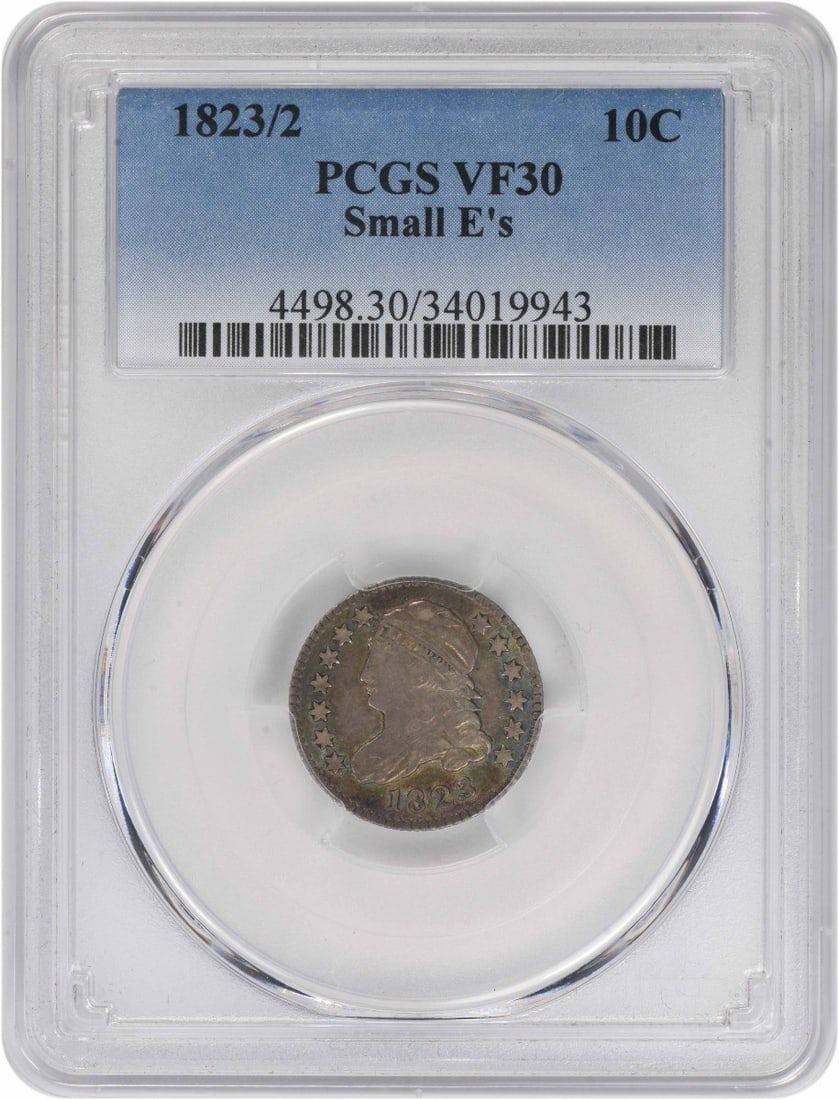 PCGS VF30 1823 Capped Bust Dime 10C Small E's Philadelphia: PCGS VF30 1823 Capped Bust Dime 10C Small E's Philadelphia This 1823/2 Capped Bust Dime features the Small E's variety and has been graded VF30 by PCGS. Minted in Philadelphia, this circulated coin is