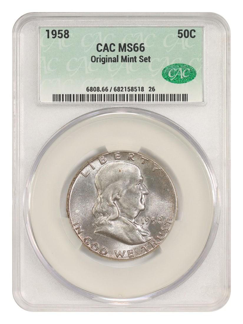 Franklin Half Dollar 1958 50C MS66 CACG Original Mint Set: Franklin Half Dollar 1958 50C MS66 CACG Original Mint Set 1958 Franklin Half Dollar, denomination 50C, struck at the Philadelphia Mint. Graded MS66 by CACG, with certification number 682158518. Listed