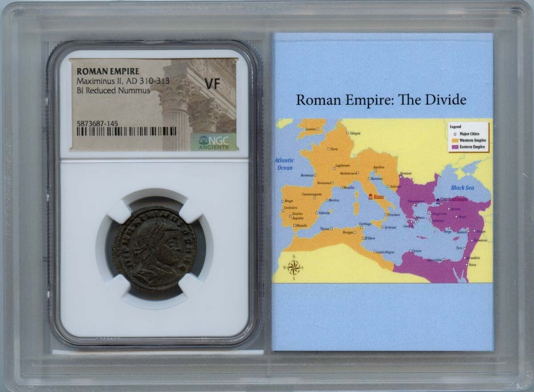 NGC VF20 Roman BI Reduced Nummus Coin Maximinus II AD 310-313: NGC VF20 Roman BI Reduced Nummus Coin Maximinus II AD 310-313 This Roman BI reduced nummus of Maximinus II dates from AD 310-313. The coin has been certified by NGC with a grade of VF20, indicating mo