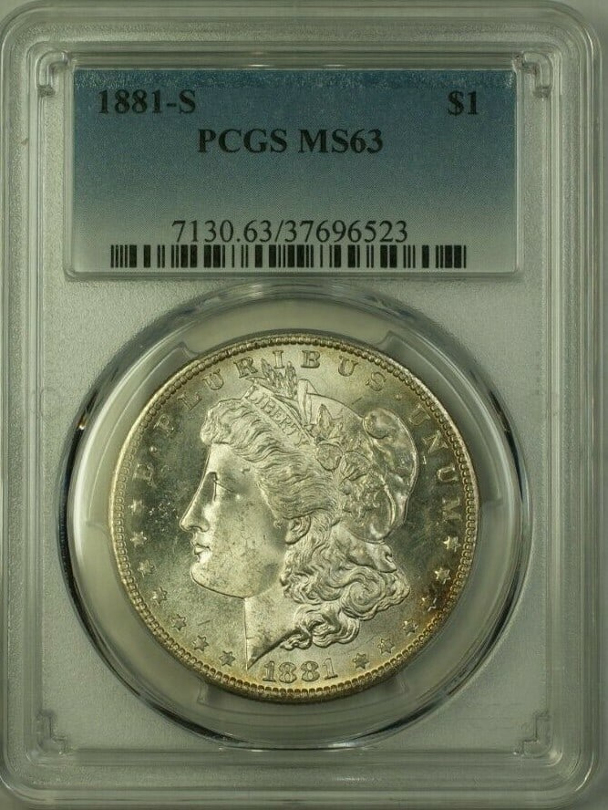 PCGS MS-63 1881-S Morgan Dollar San Francisco Silver $1 Coin: PCGS MS-63 1881-S Morgan Dollar San Francisco Silver $1 Coin This 1881-S Morgan Silver Dollar coin was minted in San Francisco and is certified by PCGS with a grade of MS-63. Composed of 0.9 fineness 