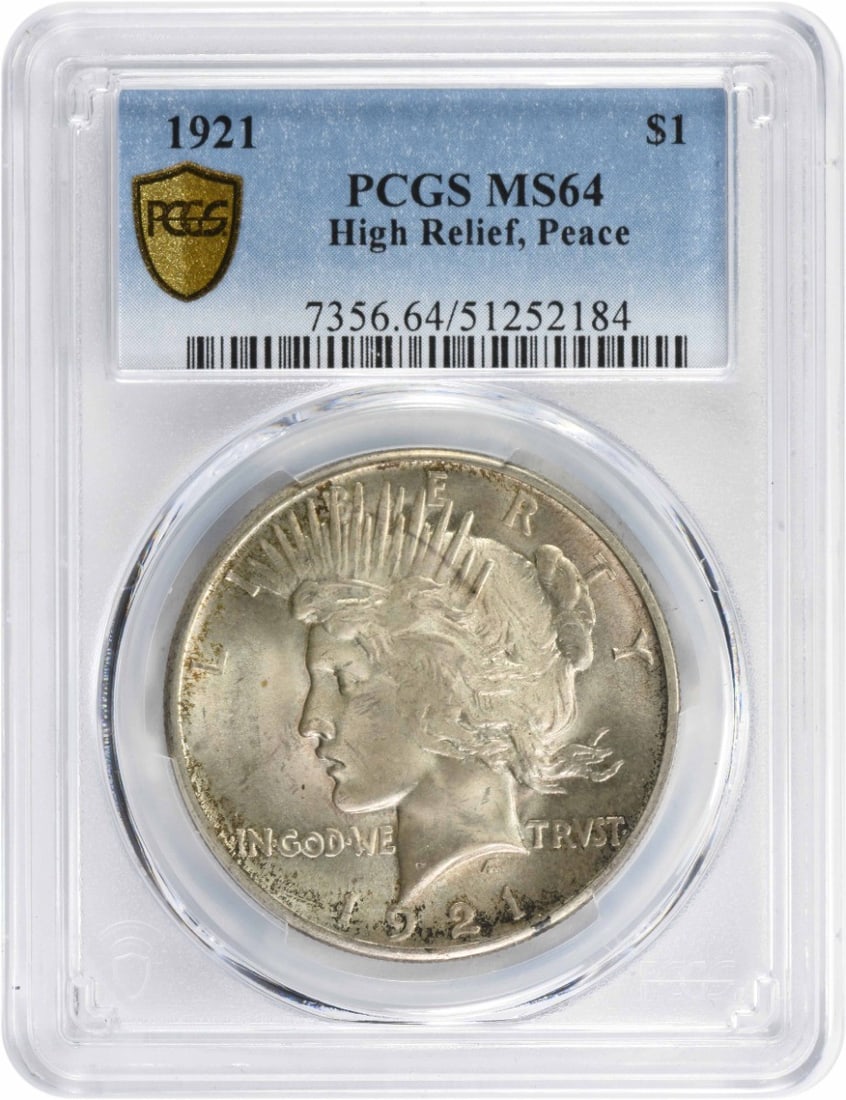 1921 Peace Silver Dollar MS64 PCGS Uncirculated Coin: 1921 Peace Silver Dollar MS64 PCGS Uncirculated Coin This 1921 Peace Silver Dollar is a remarkable collectible coin, showcasing the artistry of designer Anthony de Francisci. Graded MS64 by PCGS, this